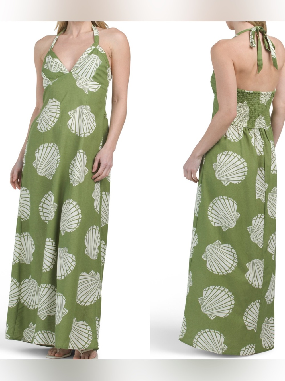 . Green Seashell Printed Sleeveless Smocked Halter Neck Maxi Dress